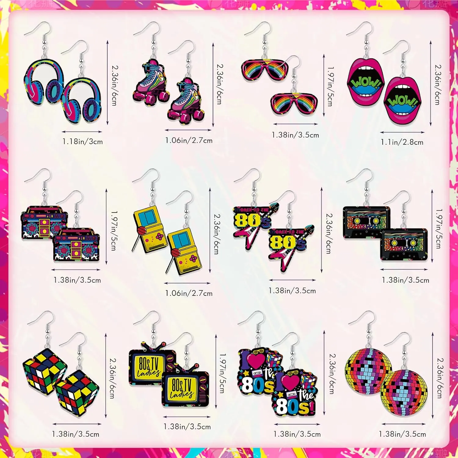 12 Pairs 80s Retro Earrings 1980s Neon Earrings for Women 80s Costume Earrings Pendant Acrylic Drop Dangle Retro Jewelry Accessories for Women Ladies Gift