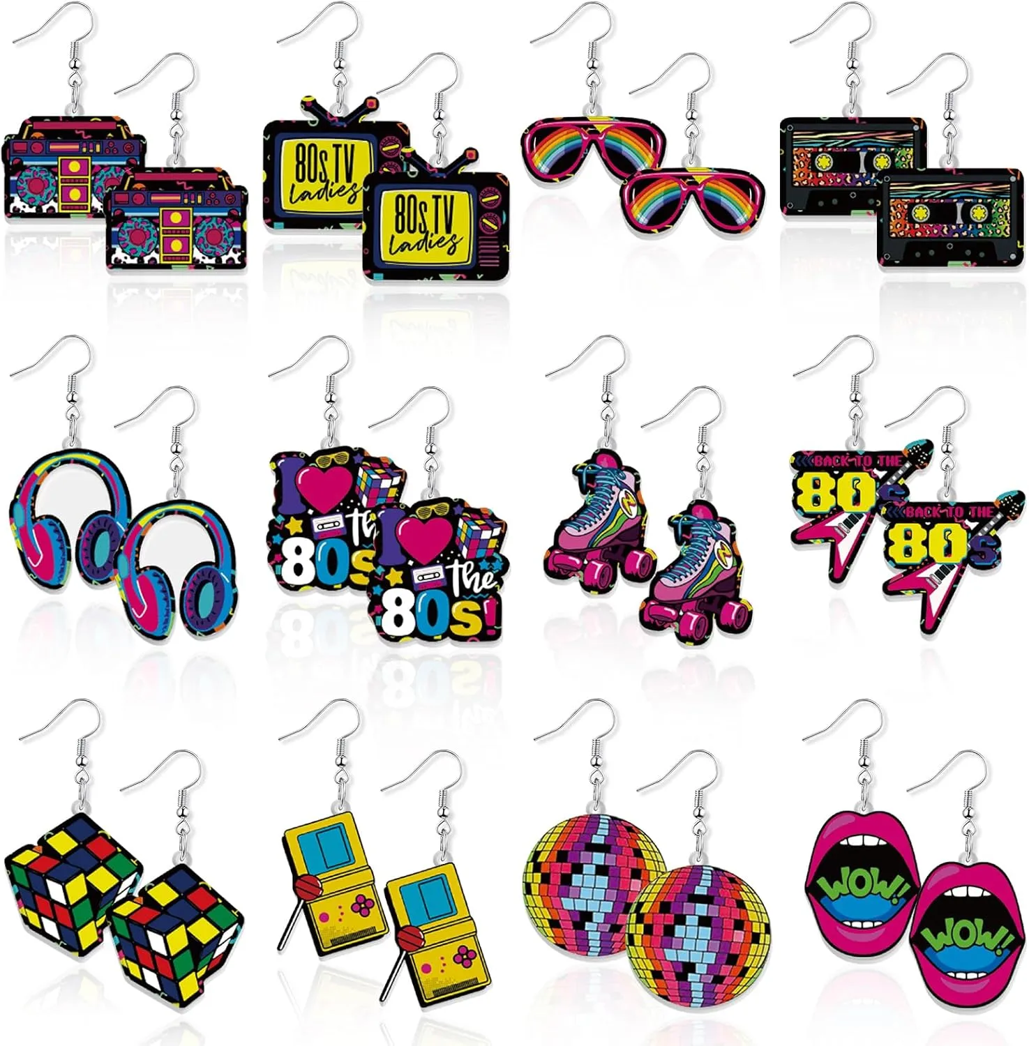 12 Pairs 80s Retro Earrings 1980s Neon Earrings for Women 80s Costume Earrings Pendant Acrylic Drop Dangle Retro Jewelry Accessories for Women Ladies Gift