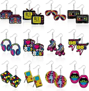 12 Pairs 80s Retro Earrings 1980s Neon Earrings for Women 80s Costume Earrings Pendant Acrylic Drop Dangle Retro Jewelry Accessories for Women Ladies Gift