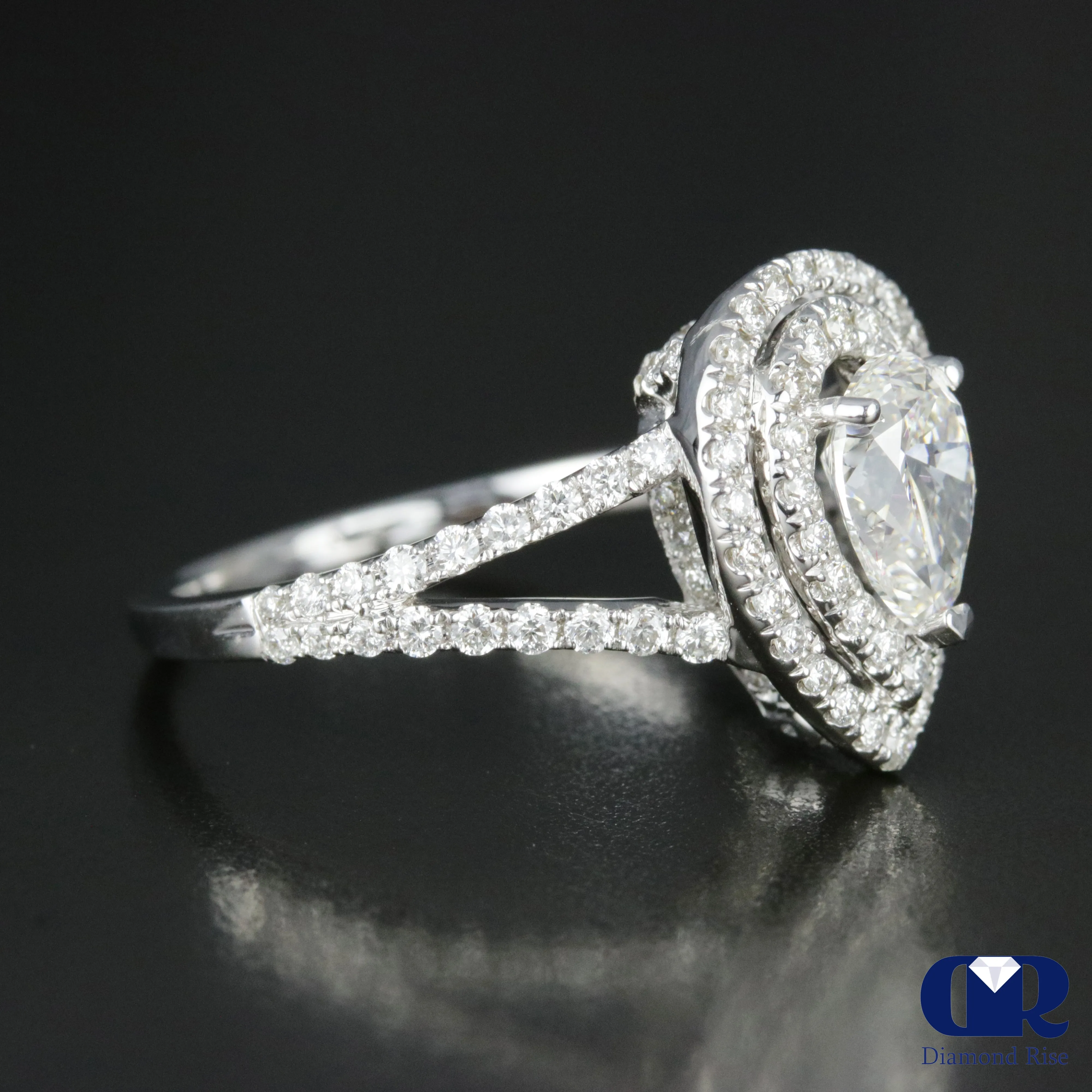 1.82 Carat Pear Cut Diamond Double Halo Engagement Ring In 18K White Gold
