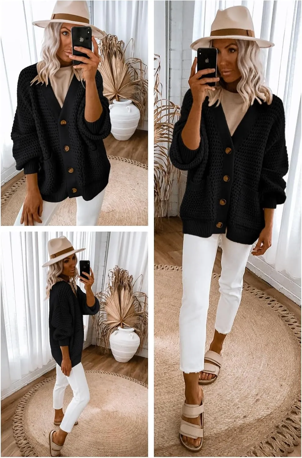 Allimy Womens Chunky Textured Knit Pocketed V Neck Soft Short Cardigan Sweaters for Women Trendy Winter Coats