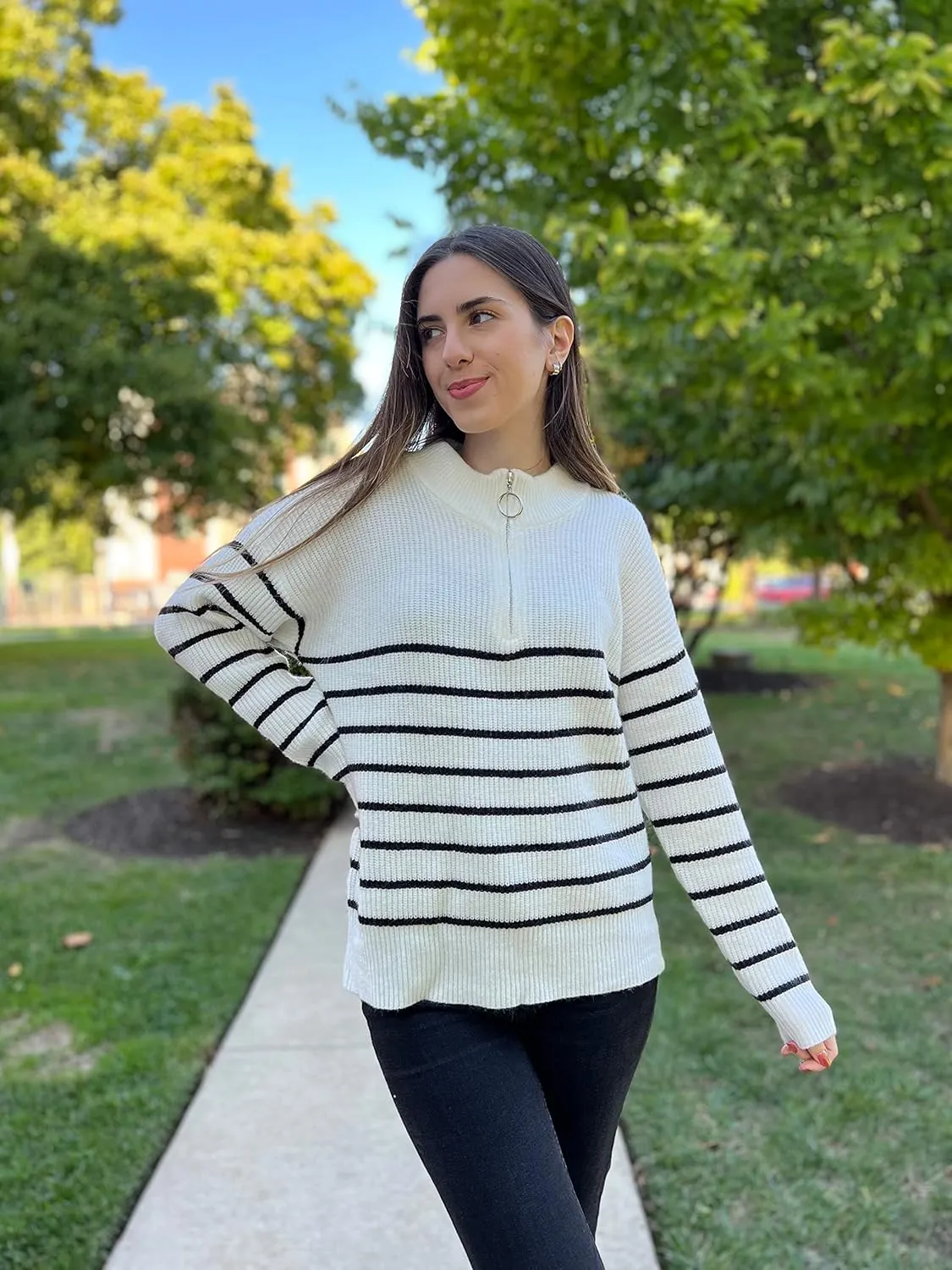 Amkoyam Women's Striped Sweaters 2023 Long Sleeves Knitted Casual Pullovers Loose Shirt Tops with Button Fall Winter