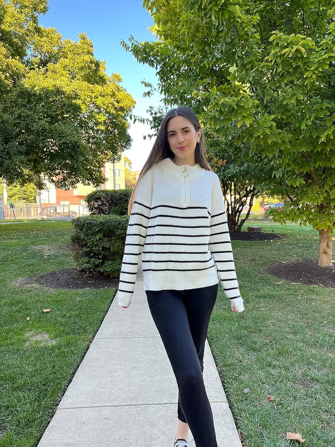 Amkoyam Women's Striped Sweaters 2023 Long Sleeves Knitted Casual Pullovers Loose Shirt Tops with Button Fall Winter
