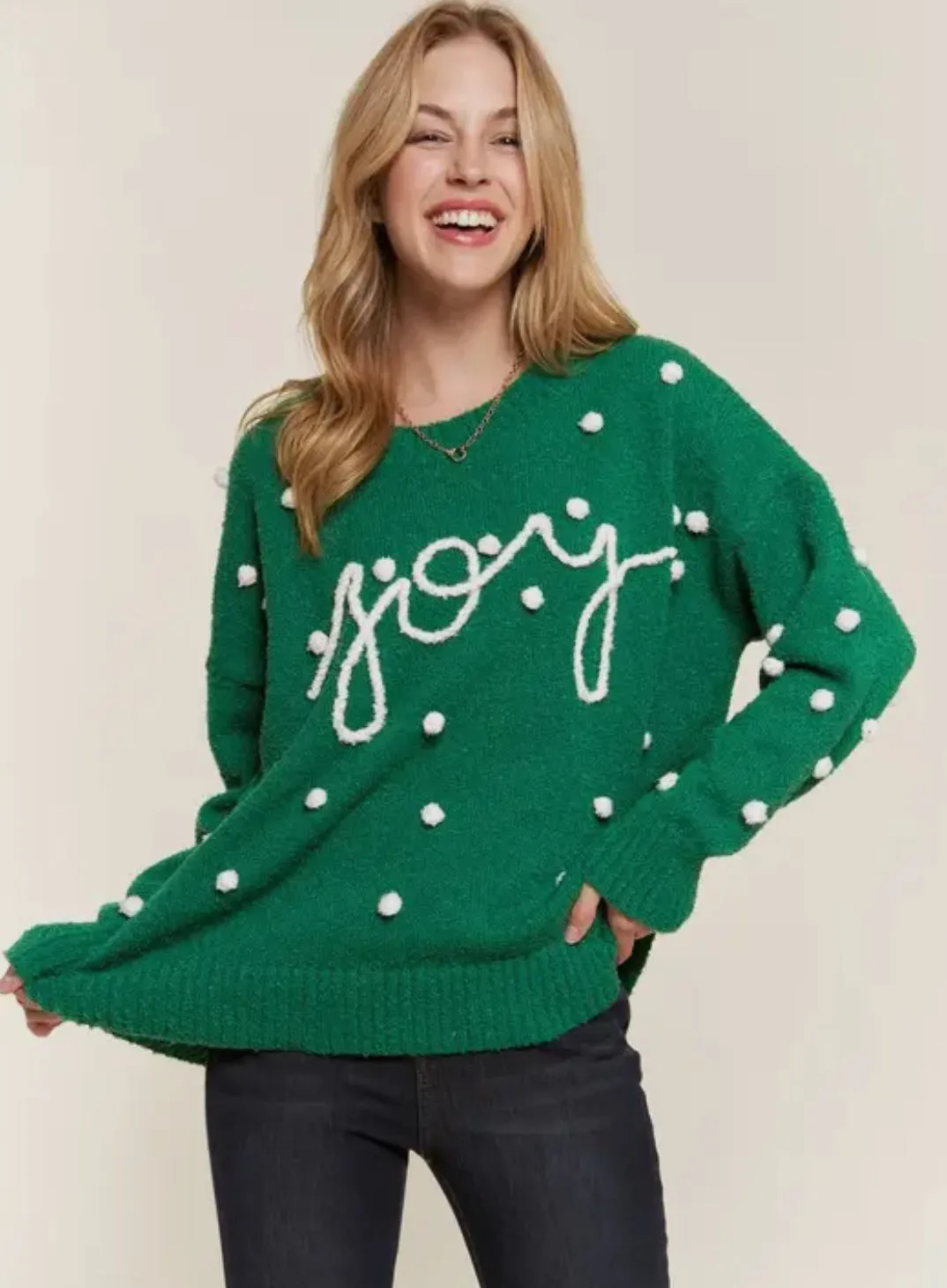 AND THE WHY JOY POM ACCENT SWEATER