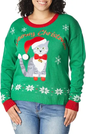Blizzard Bay Womens Meowy Christmas Kitty Ugly with Bells Sweater, Green/Red, Medium US