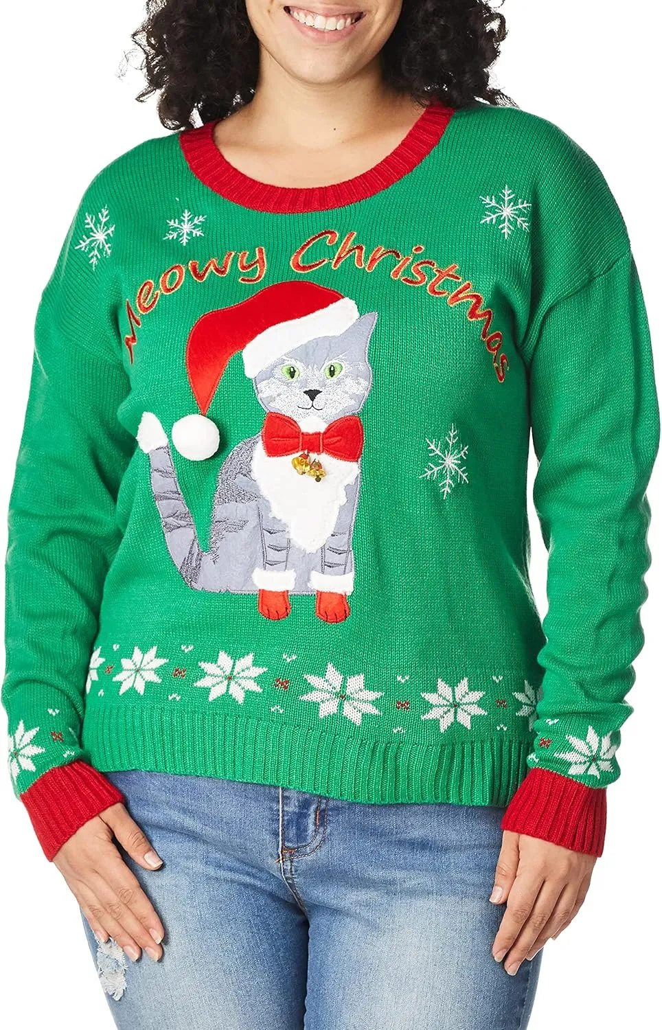 Blizzard Bay Womens Meowy Christmas Kitty Ugly with Bells Sweater, Green/Red, Medium US