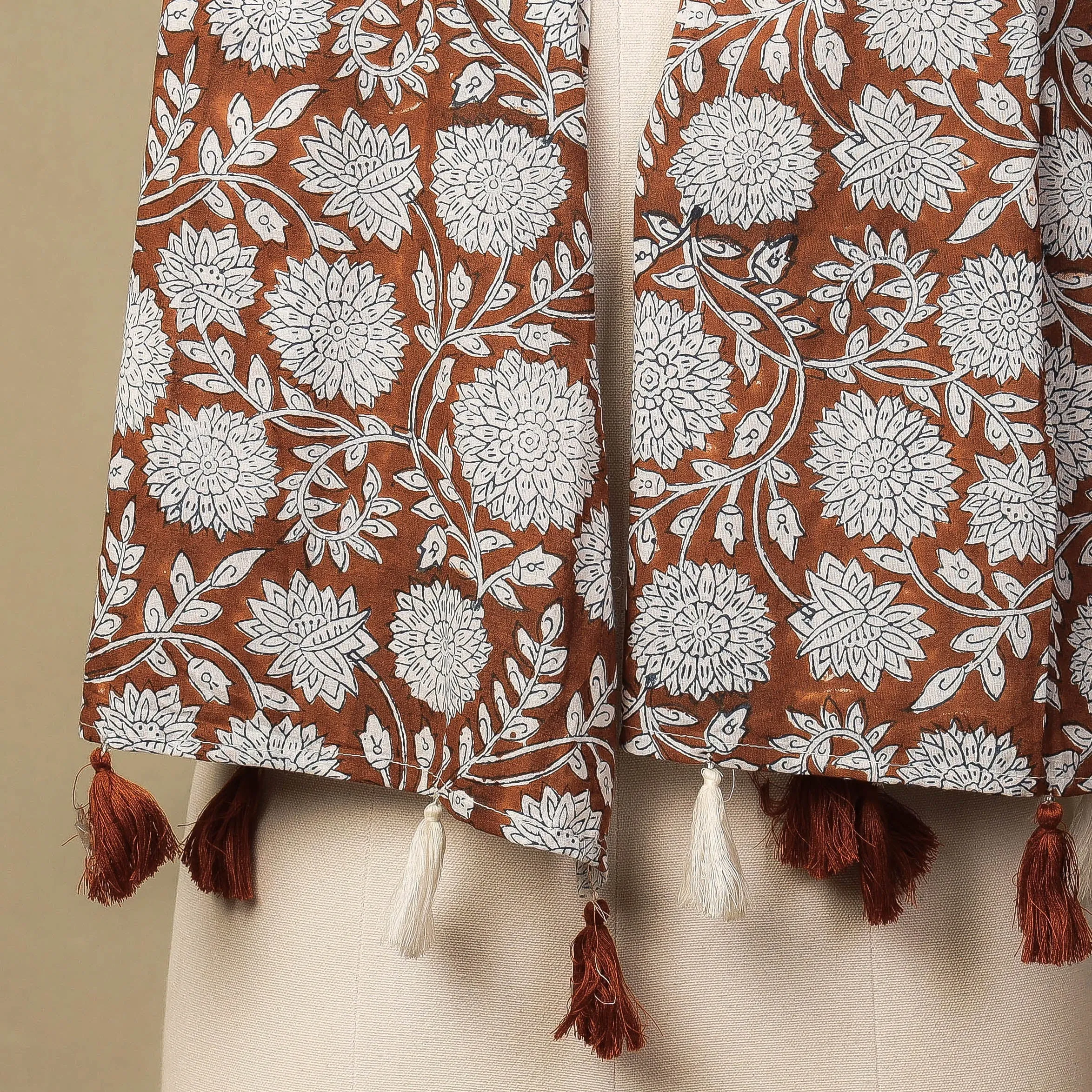 Brown with White Dahlia Flowers Sanganeri Block Printed Cotton Stole