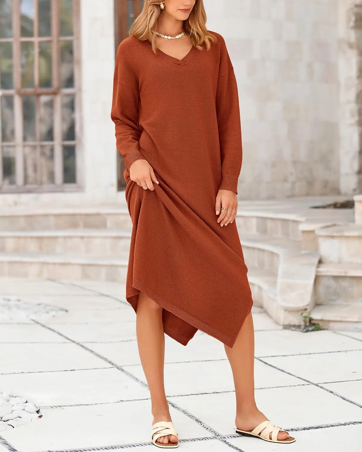 BTFBM Women Fall Sweater Dress Casual V Neck Long Sleeve Slit Knit Oversized Maternity Sweaters Maxi Dresses 2025 Winter