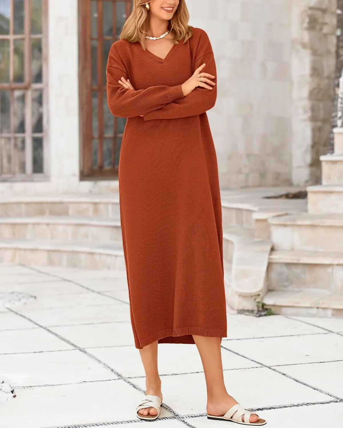BTFBM Women Fall Sweater Dress Casual V Neck Long Sleeve Slit Knit Oversized Maternity Sweaters Maxi Dresses 2025 Winter