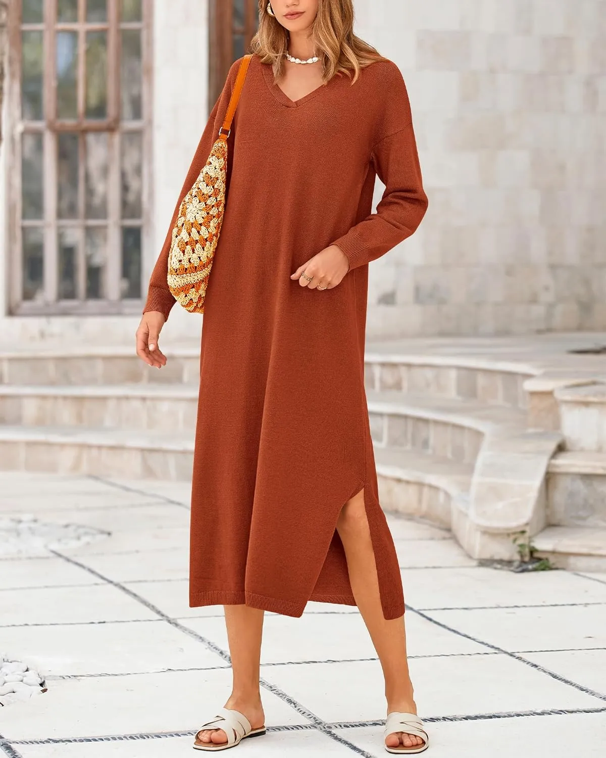 BTFBM Women Fall Sweater Dress Casual V Neck Long Sleeve Slit Knit Oversized Maternity Sweaters Maxi Dresses 2025 Winter