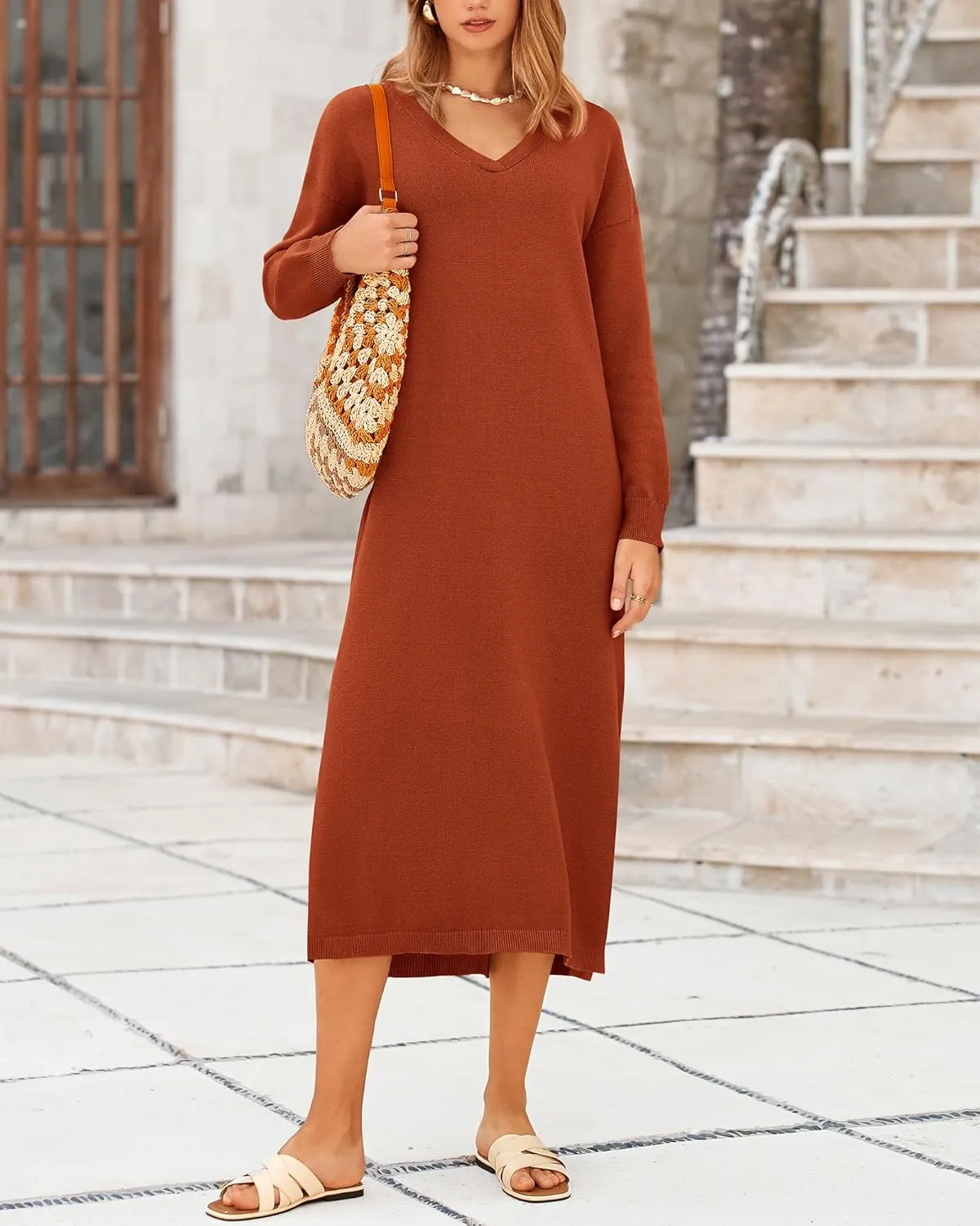 BTFBM Women Fall Sweater Dress Casual V Neck Long Sleeve Slit Knit Oversized Maternity Sweaters Maxi Dresses 2025 Winter