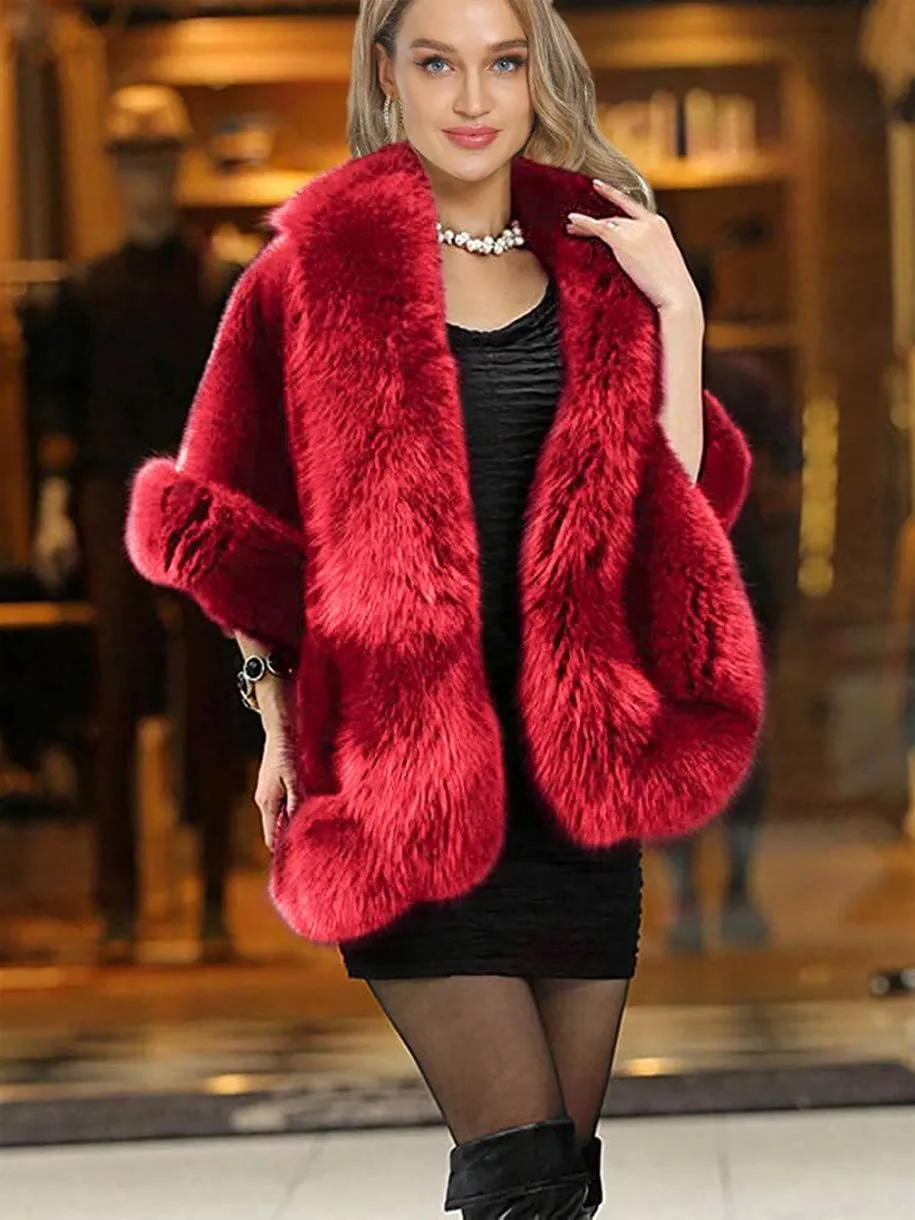 Caracilia Women Luxury Faux Fur Coat Jackets Wrap Cape Shawl for Wedding Party