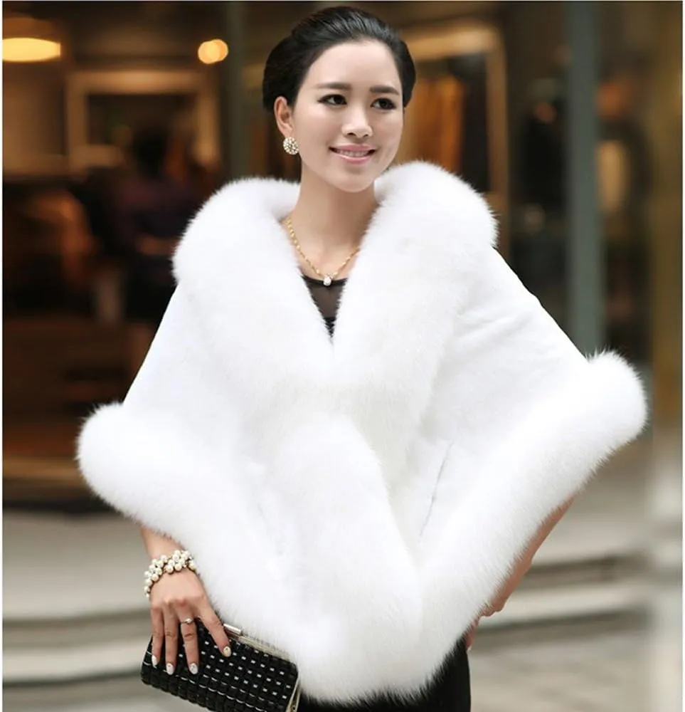 Caracilia Women Luxury Faux Fur Coat Jackets Wrap Cape Shawl for Wedding Party