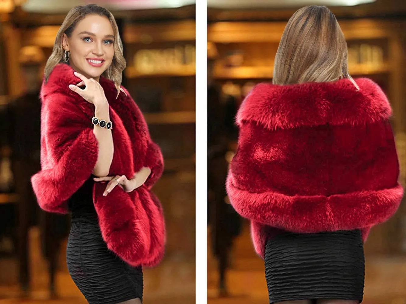 Caracilia Women Luxury Faux Fur Coat Jackets Wrap Cape Shawl for Wedding Party