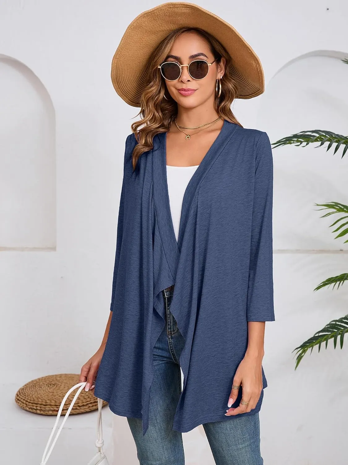 DEARCASE Women's Open Front Cardigans 3/4 Sleeve Draped Striped Printed Sweater Jackets Draped Kimono Loose Cardigan
