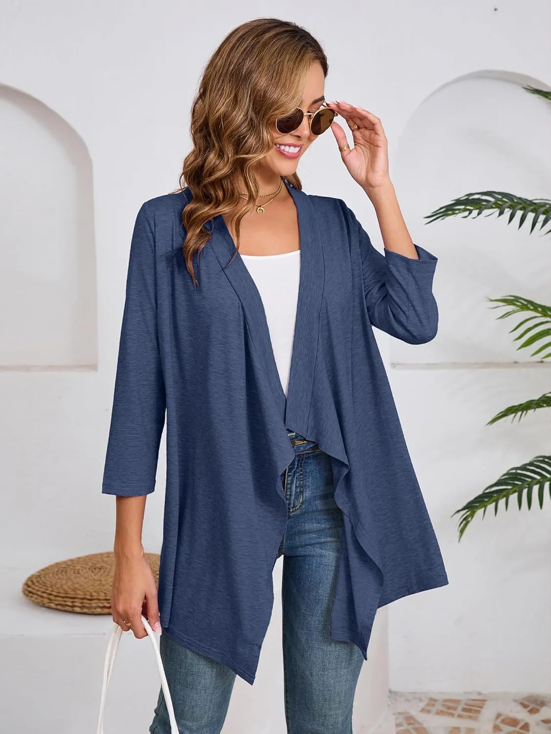 DEARCASE Women's Open Front Cardigans 3/4 Sleeve Draped Striped Printed Sweater Jackets Draped Kimono Loose Cardigan