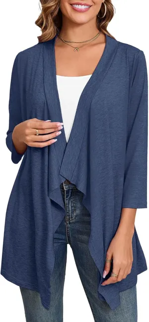 DEARCASE Women's Open Front Cardigans 3/4 Sleeve Draped Striped Printed Sweater Jackets Draped Kimono Loose Cardigan