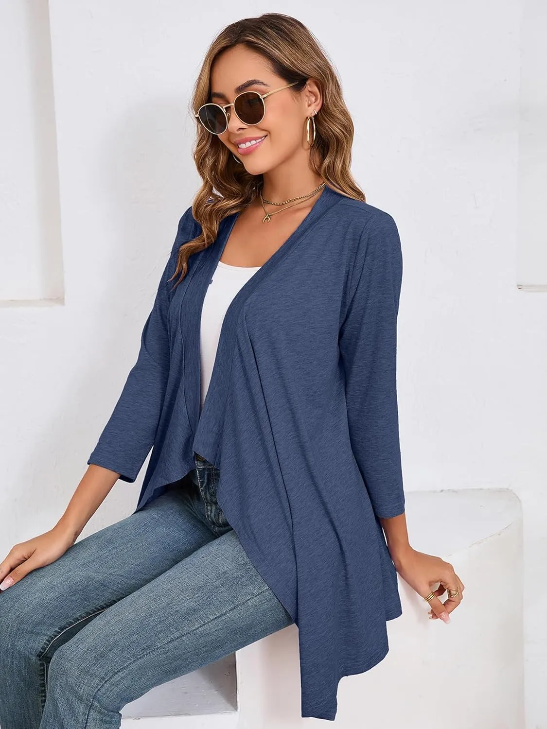 DEARCASE Women's Open Front Cardigans 3/4 Sleeve Draped Striped Printed Sweater Jackets Draped Kimono Loose Cardigan