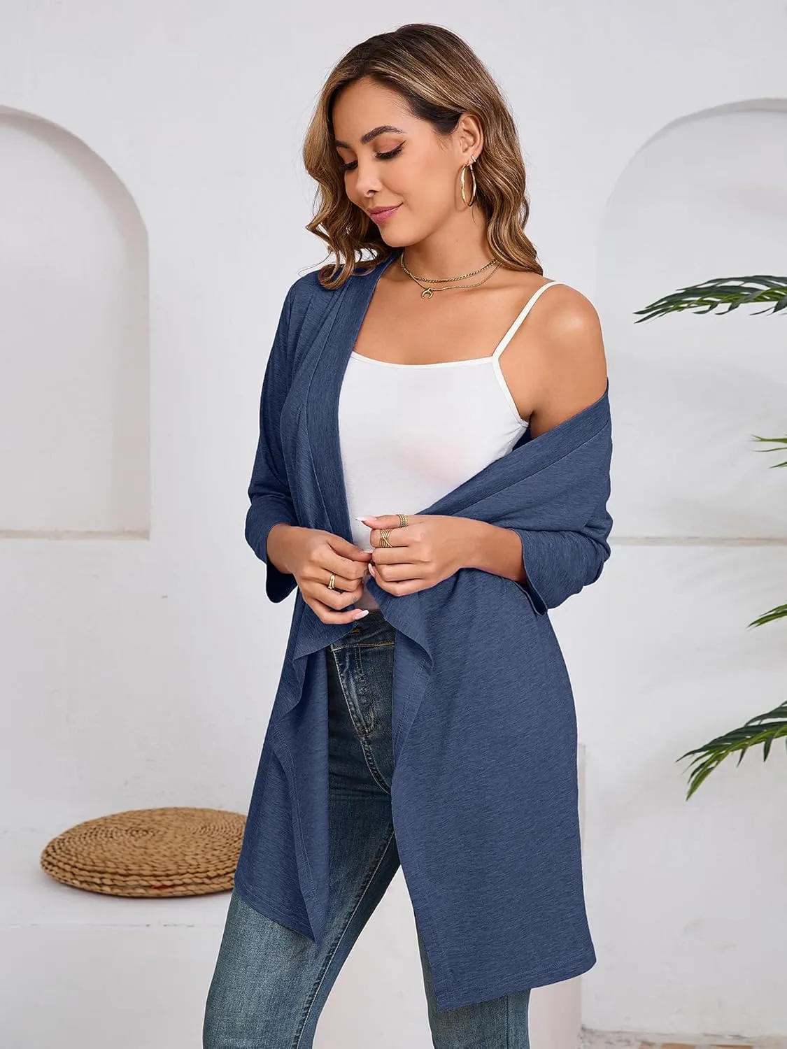 DEARCASE Women's Open Front Cardigans 3/4 Sleeve Draped Striped Printed Sweater Jackets Draped Kimono Loose Cardigan