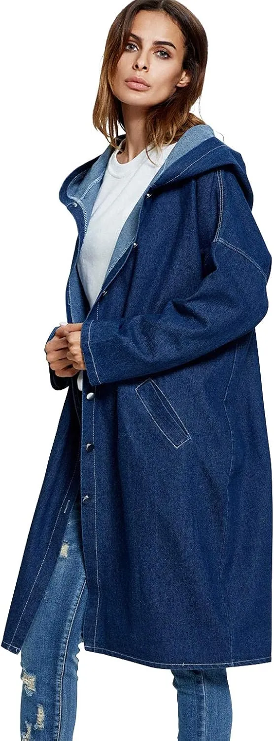 ebossy Womens Plus Size Hoodie Denim Jacket Button Up Washed Long Jean Trench Coat Outwear with Pockets