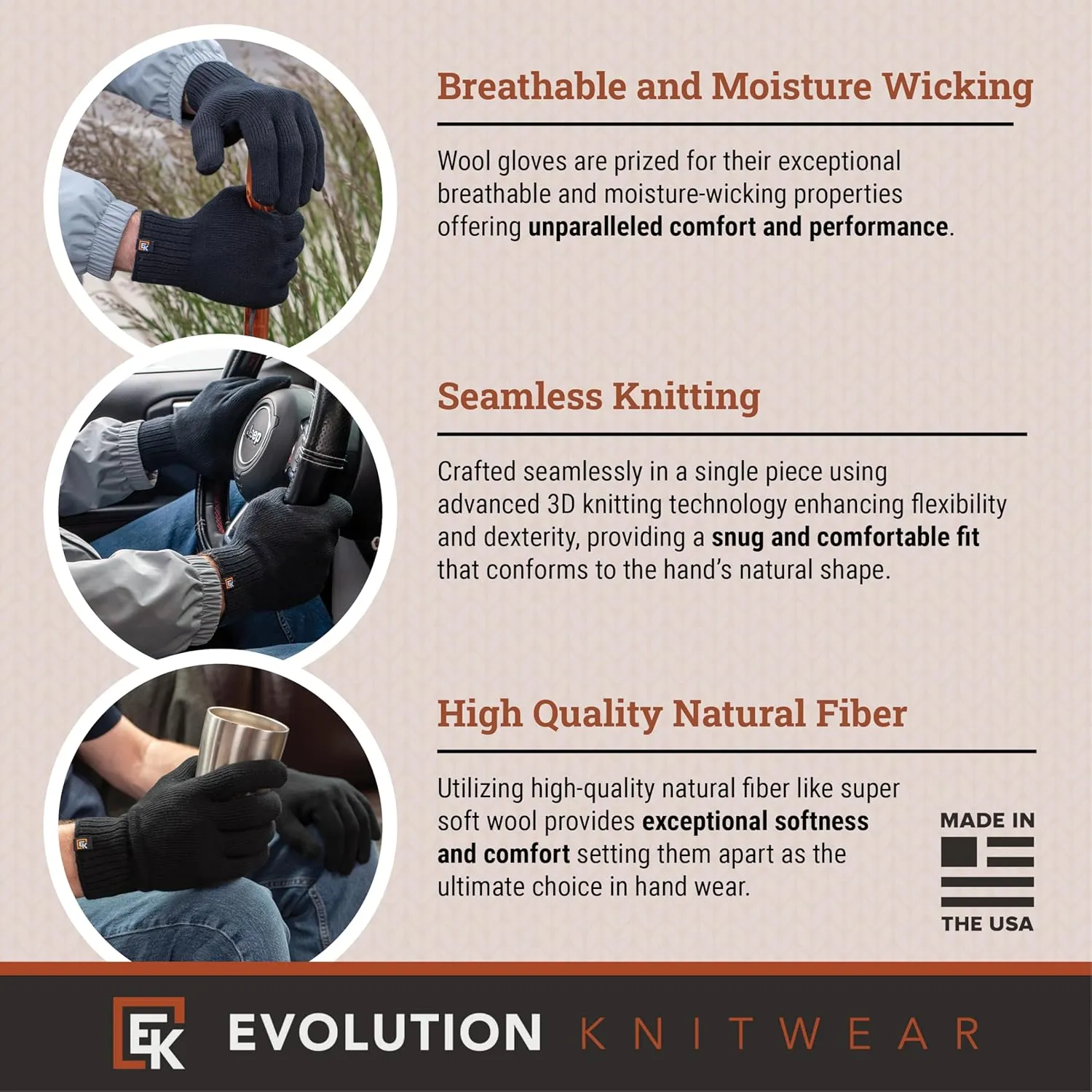 Evolution Knitwear Wool Knit Gloves - Made in the USA - Super Soft Merino Wool - Men's - XL