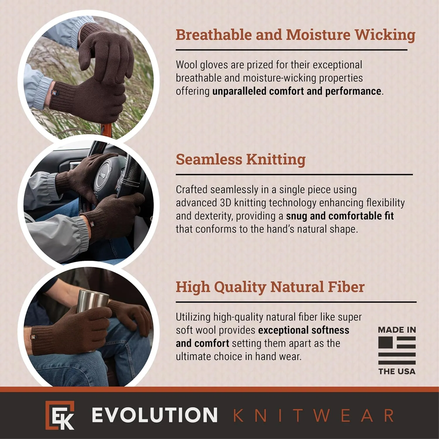 Evolution Knitwear Wool Knit Gloves - Made in the USA - Super Soft Merino Wool - Men's - XL