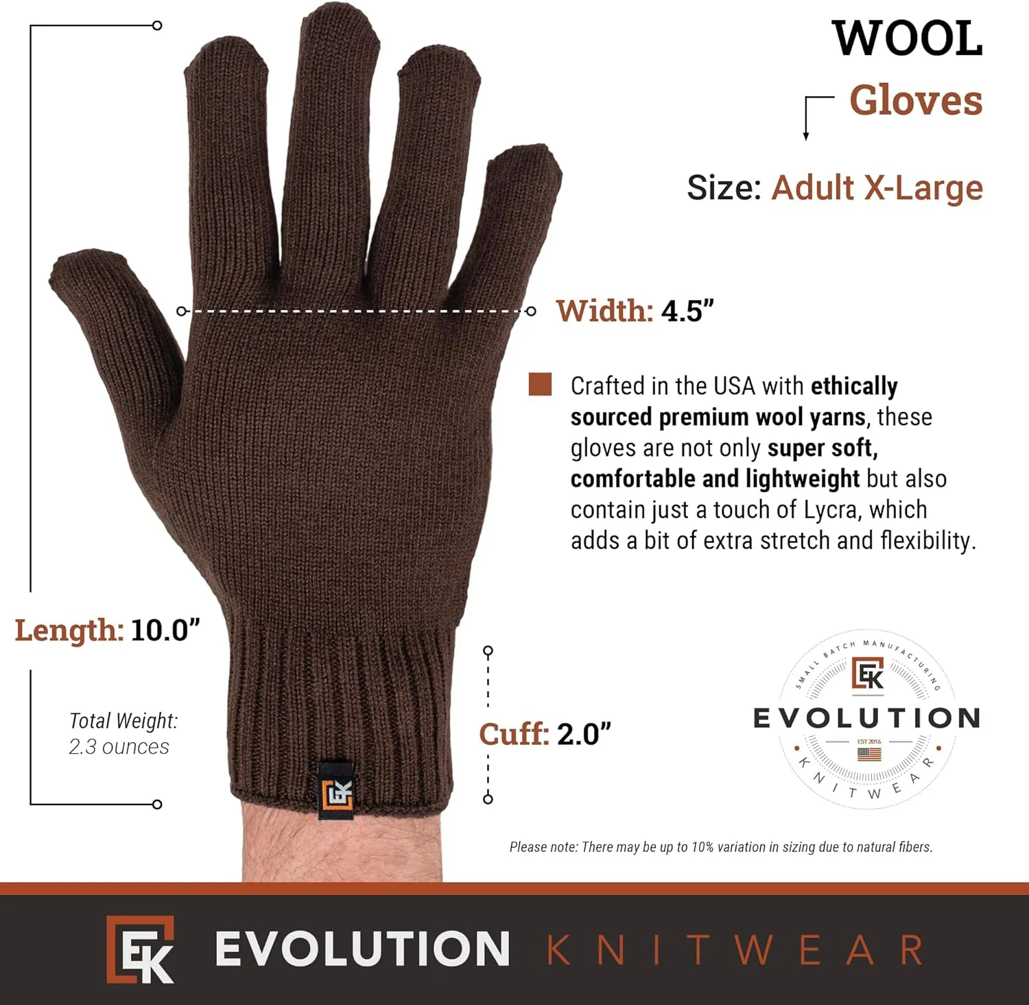 Evolution Knitwear Wool Knit Gloves - Made in the USA - Super Soft Merino Wool - Men's - XL