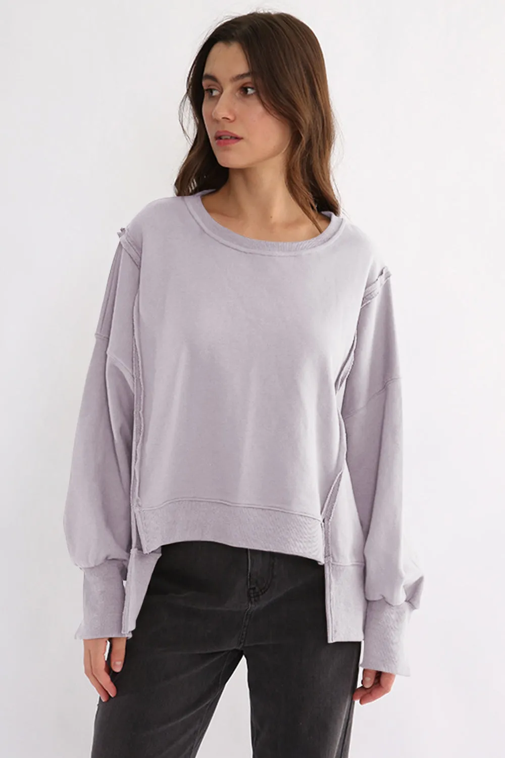Exposed Seam High-Low Long Sleeve Sweatshirt
