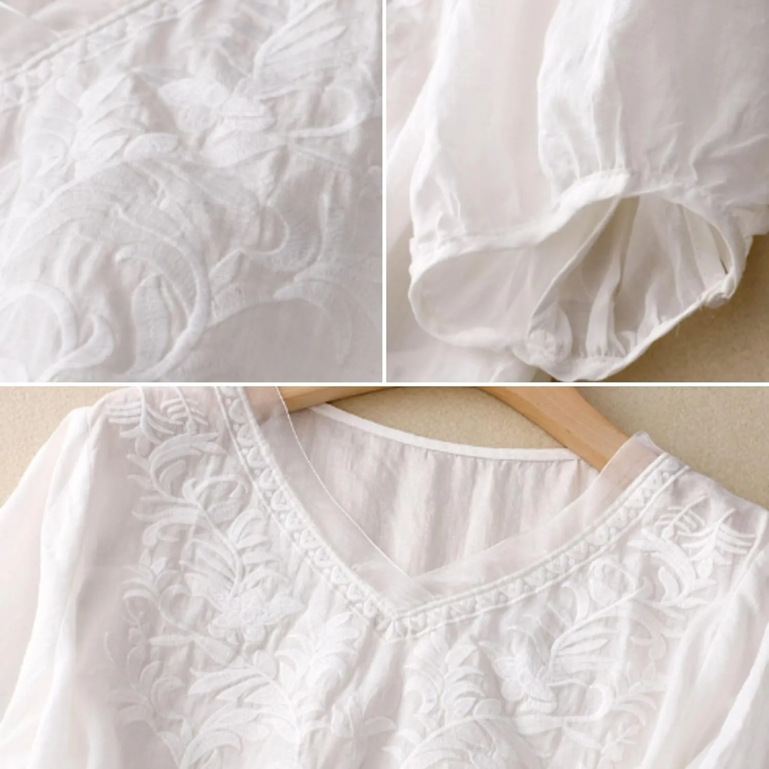 FindThy Women's Floral Embroidery Linen Shirts 3/4 Sleeve Round Neck Babydoll Tops Blouses