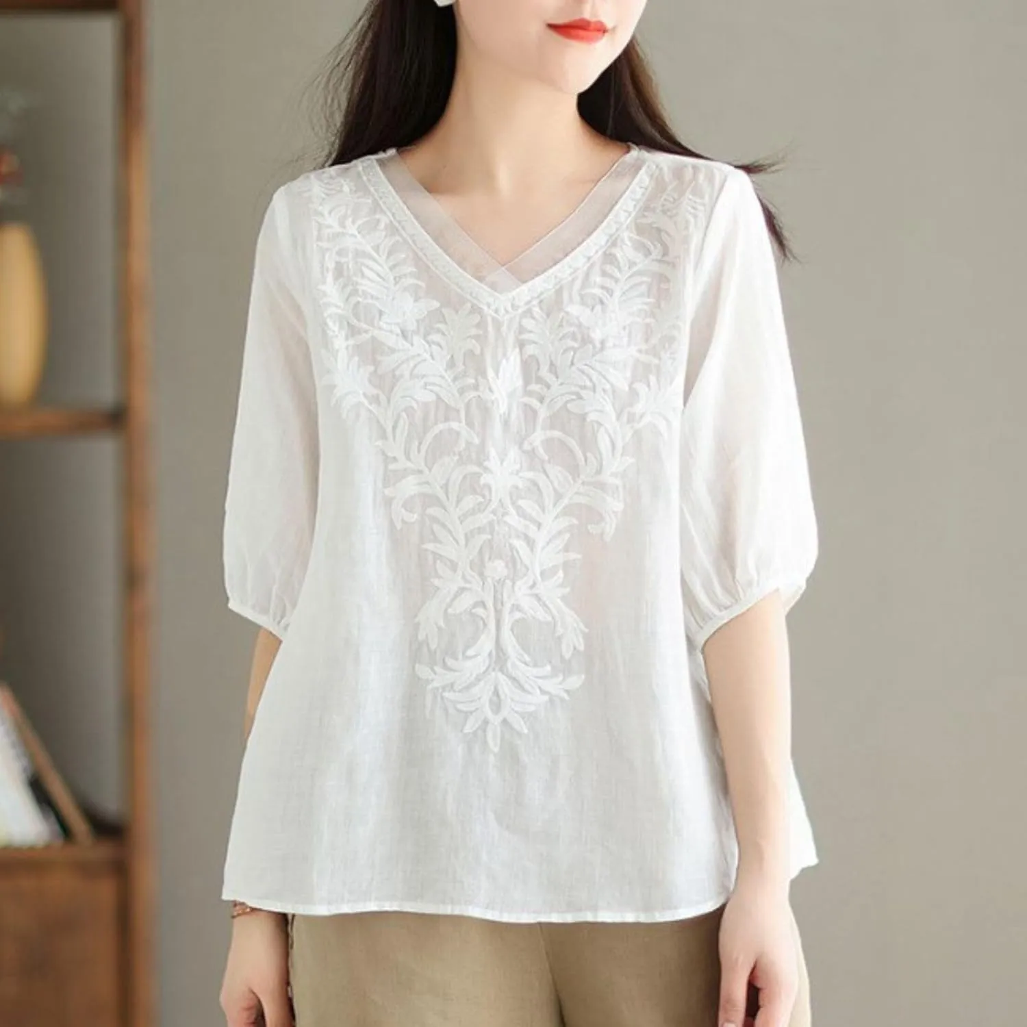 FindThy Women's Floral Embroidery Linen Shirts 3/4 Sleeve Round Neck Babydoll Tops Blouses