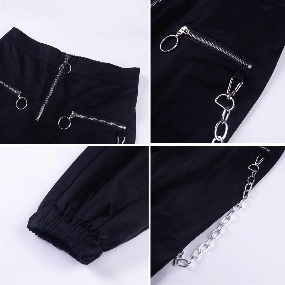 Gothic Women's Chain Cargo Pants Goth Fit High Waist Black Trousers Streetwear Punk Pants for Women