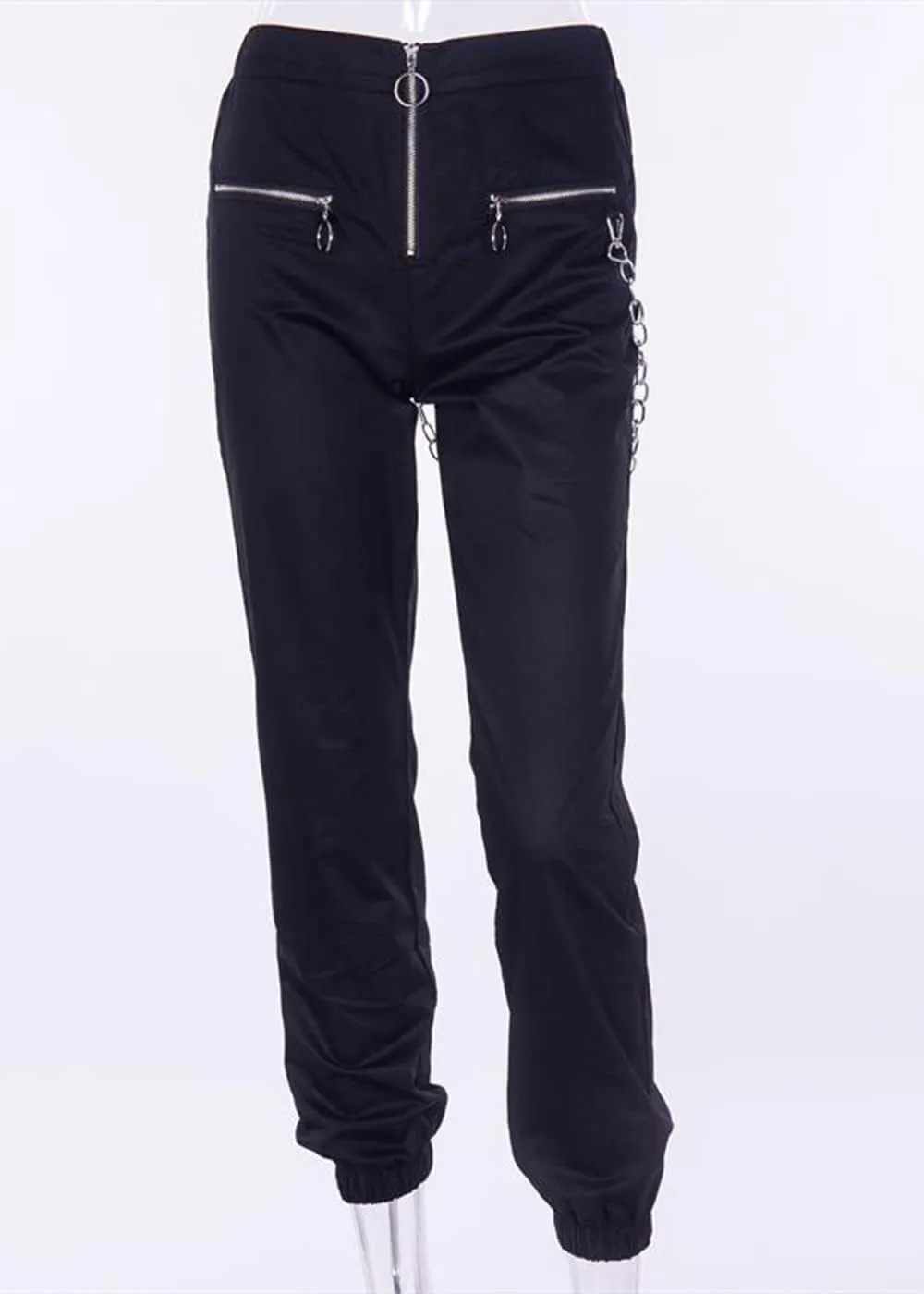 Gothic Women's Chain Cargo Pants Goth Fit High Waist Black Trousers Streetwear Punk Pants for Women