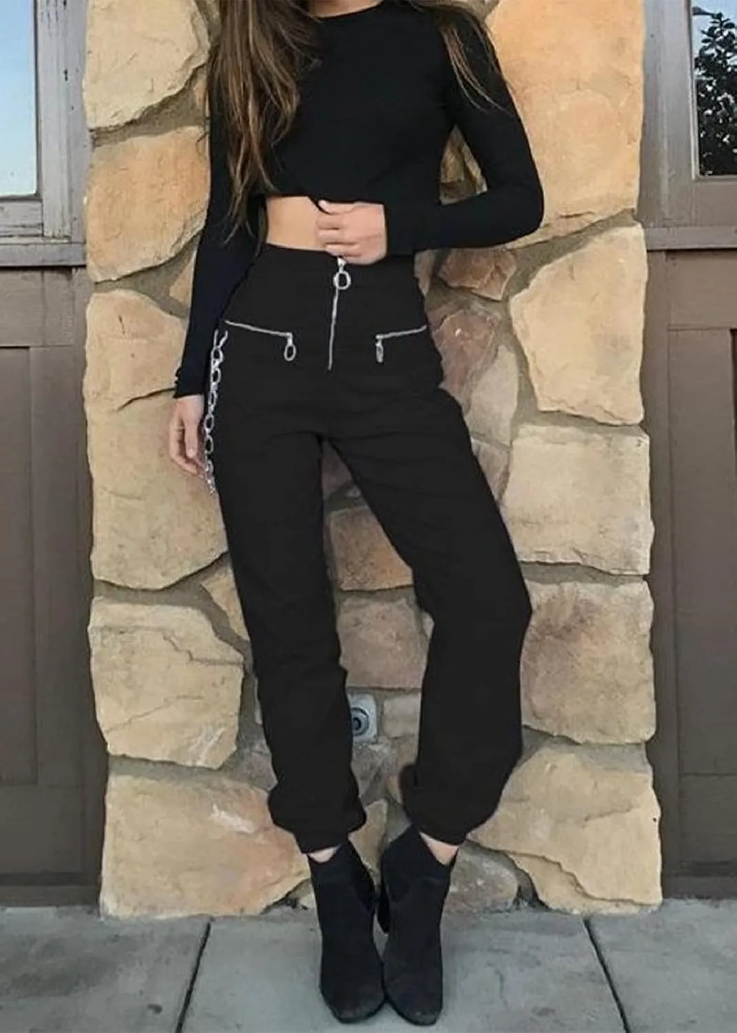 Gothic Women's Chain Cargo Pants Goth Fit High Waist Black Trousers Streetwear Punk Pants for Women
