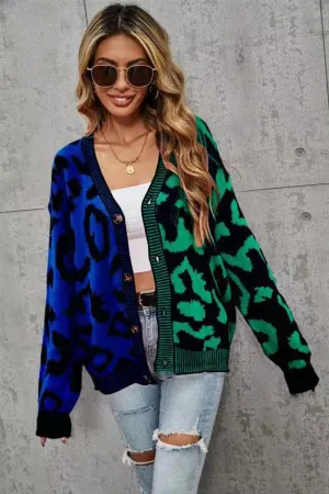 Green Blue Two Tone Leopard Cardigan