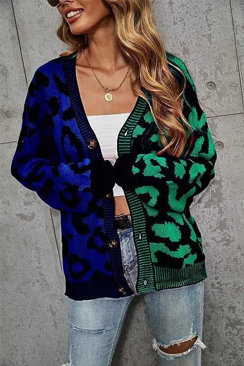 Green Blue Two Tone Leopard Cardigan