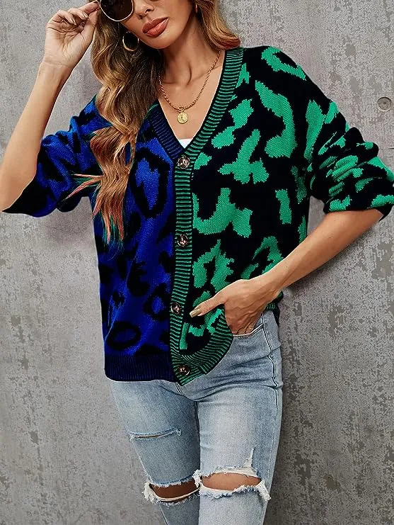 Green Blue Two Tone Leopard Cardigan
