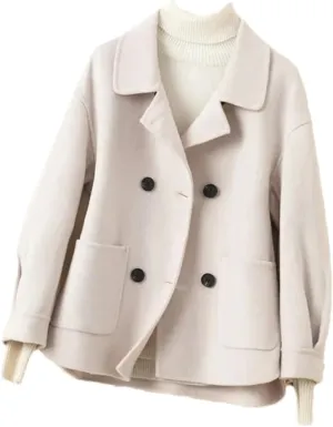 Hdhdeueh Womens Double Breasted Wool Coat Short Pockets Jacket Outwear Vintage Cardigan