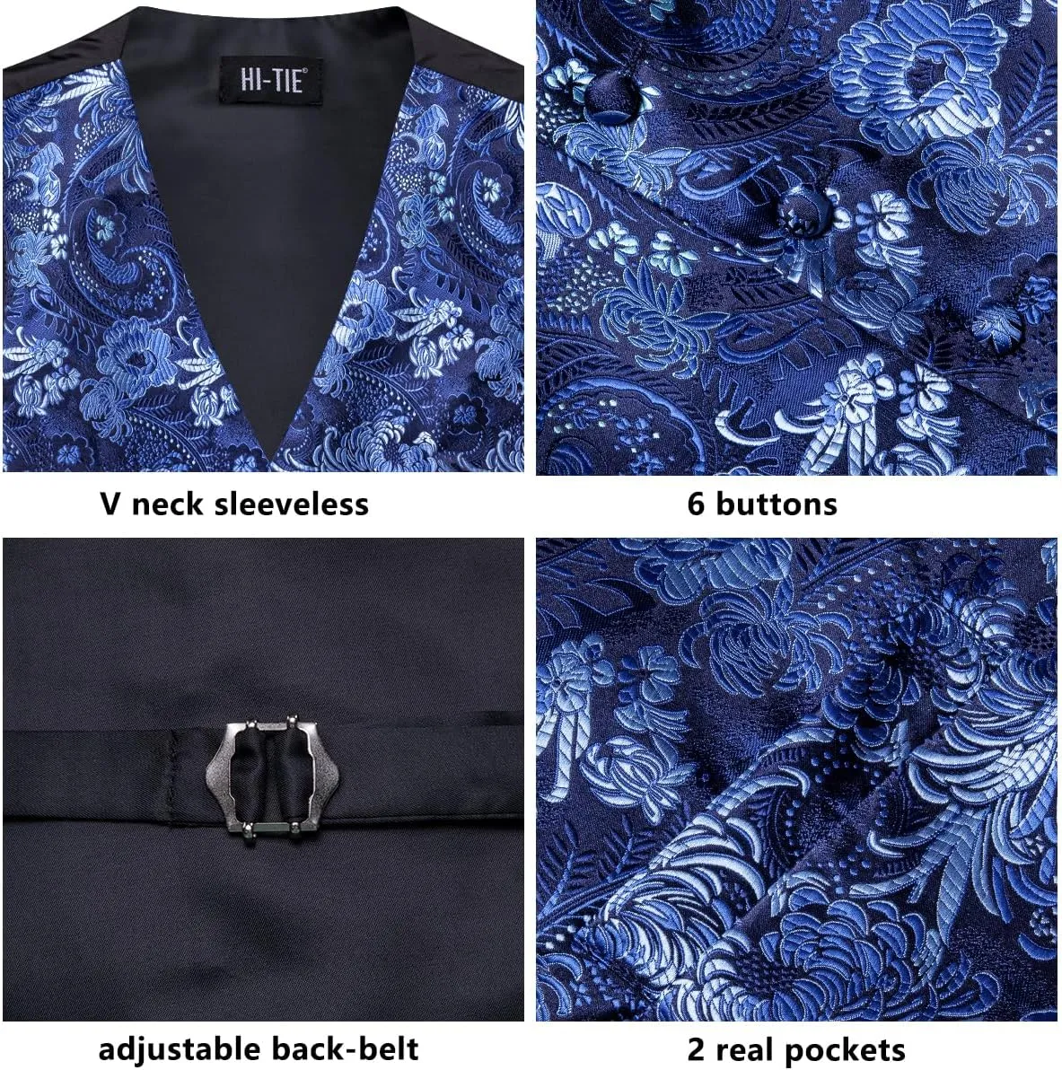 Hi-Tie Mens Suit Vest Tie set Classic Waistcoat and Necktie Handkerchief Cufflinks Suit Wedding Party