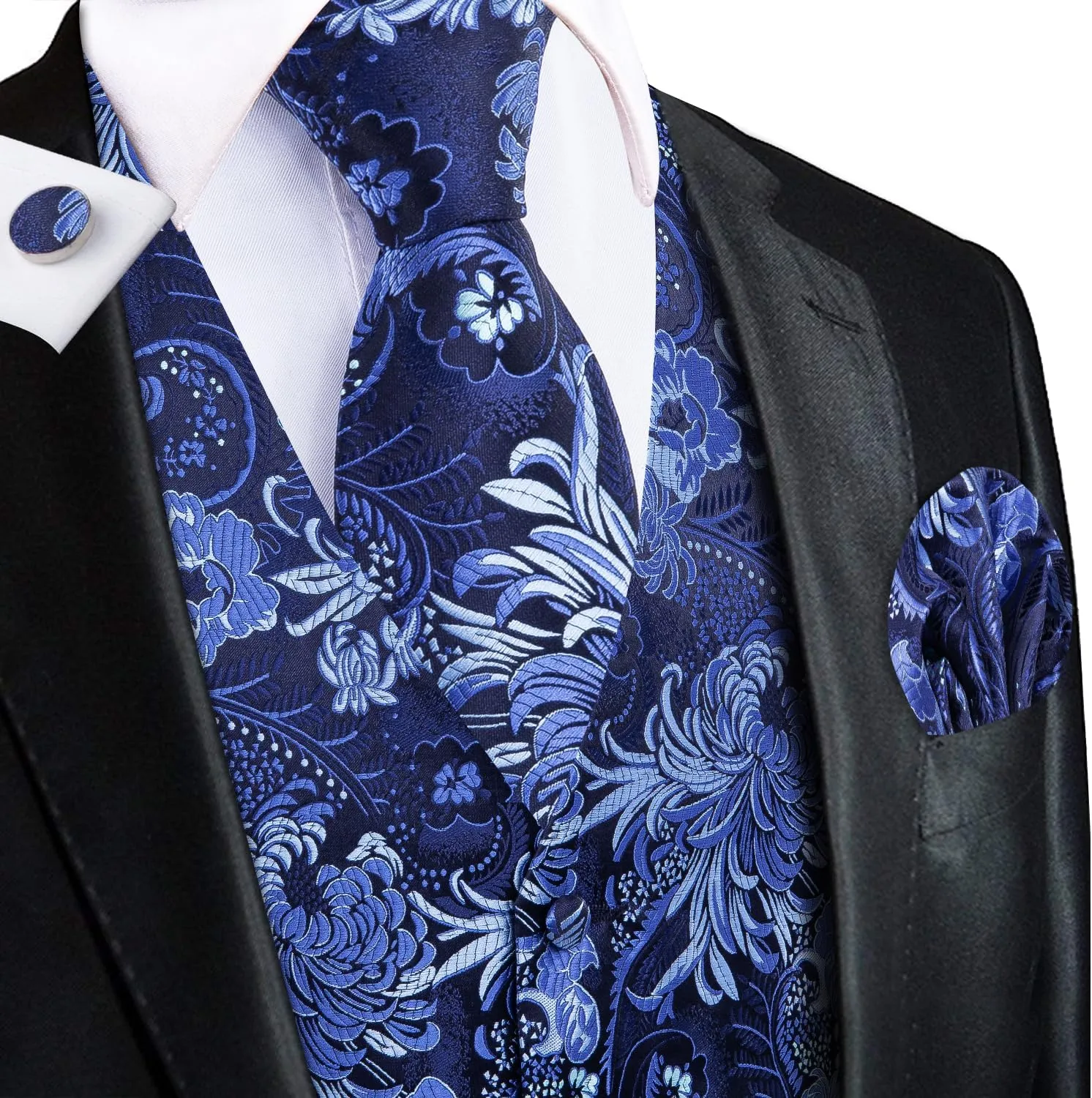 Hi-Tie Mens Suit Vest Tie set Classic Waistcoat and Necktie Handkerchief Cufflinks Suit Wedding Party
