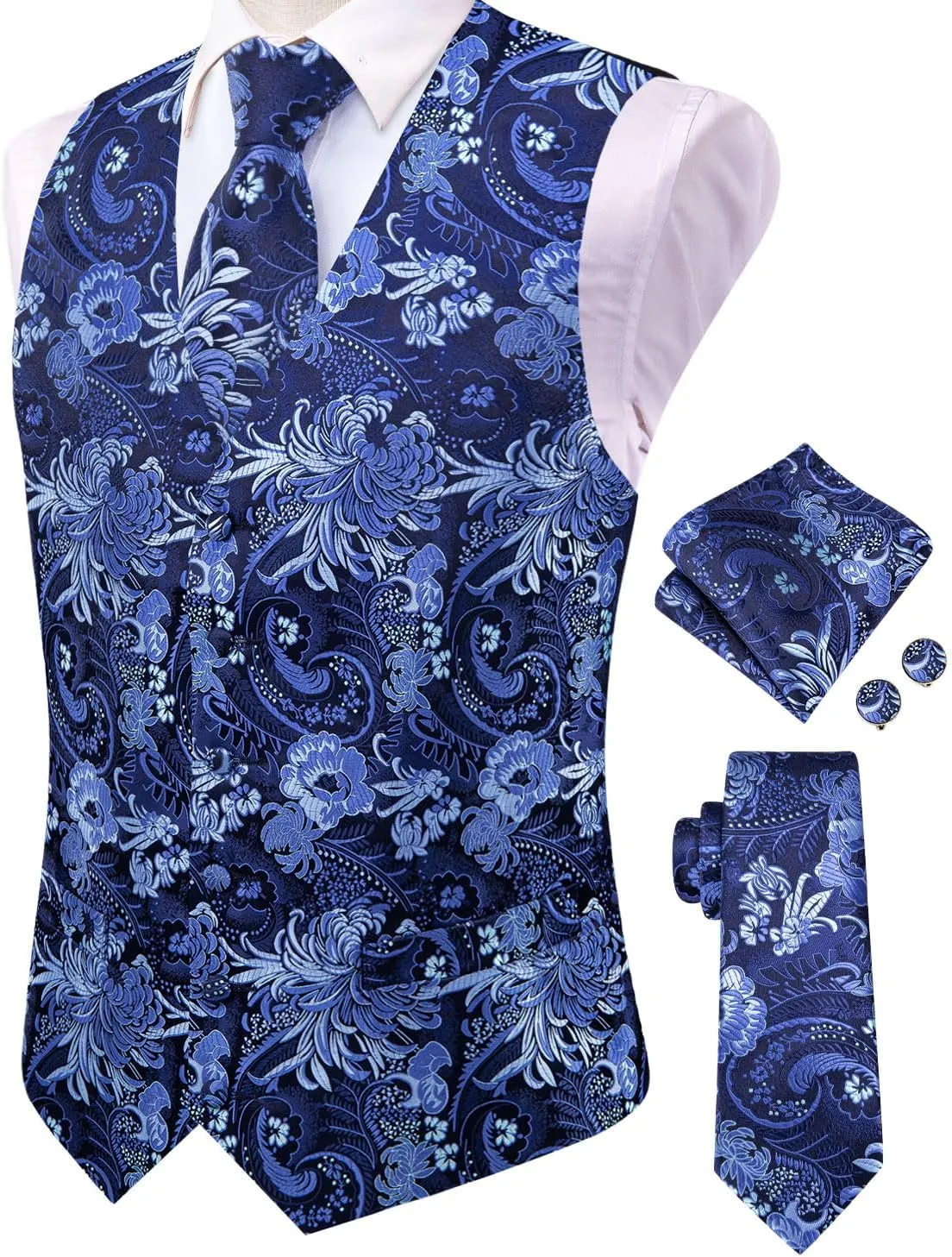 Hi-Tie Mens Suit Vest Tie set Classic Waistcoat and Necktie Handkerchief Cufflinks Suit Wedding Party