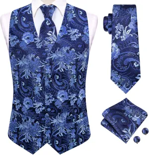 Hi-Tie Mens Suit Vest Tie set Classic Waistcoat and Necktie Handkerchief Cufflinks Suit Wedding Party