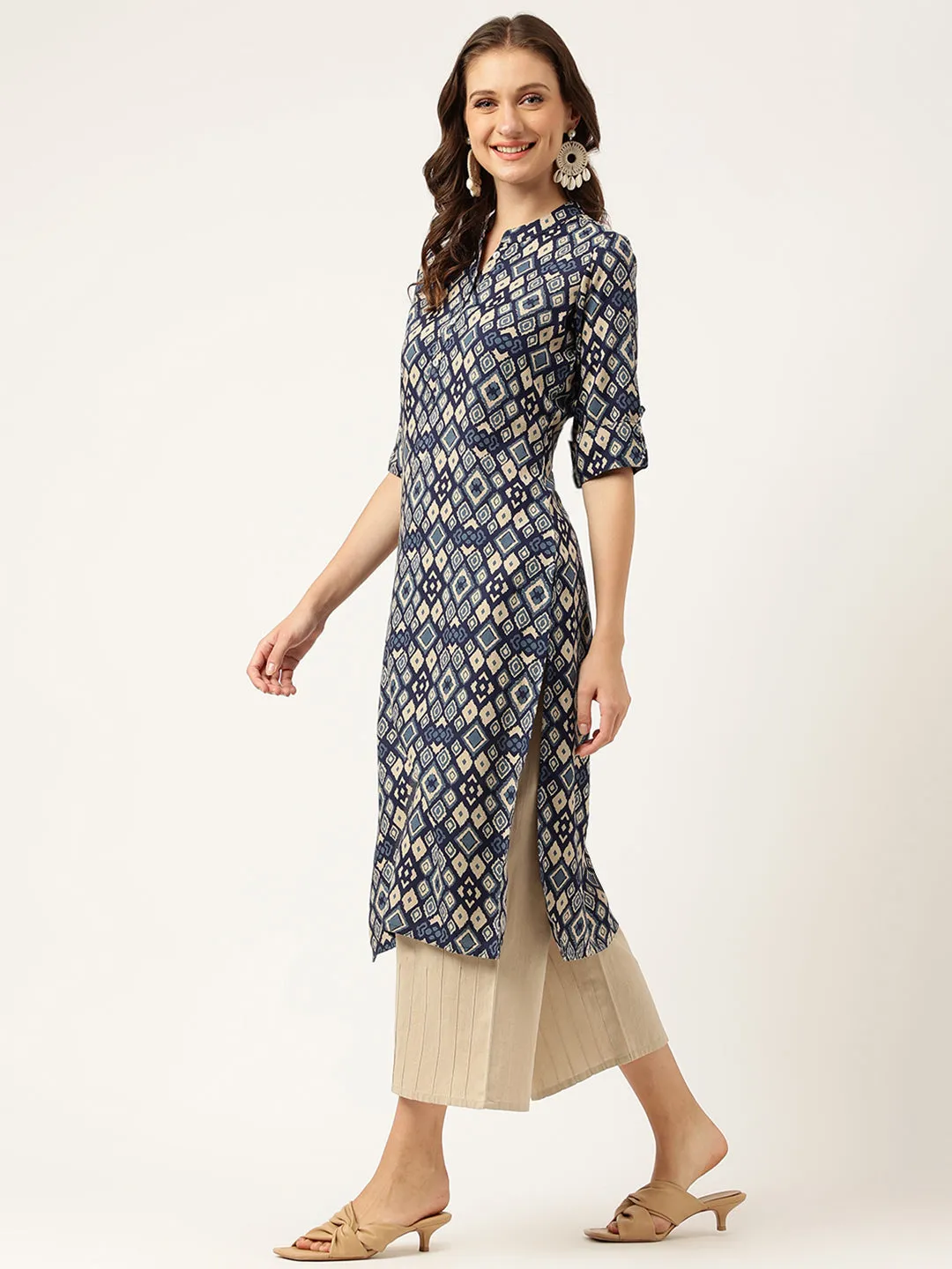 Jashvi Navy Blue Floral Digital Printed Straight Fold Sleeve Kurta