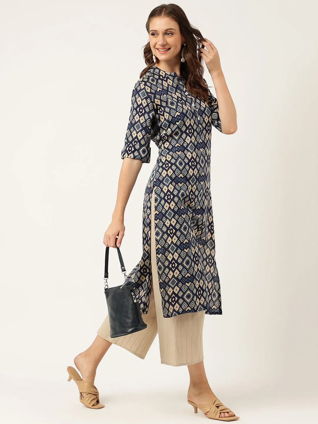 Jashvi Navy Blue Floral Digital Printed Straight Fold Sleeve Kurta