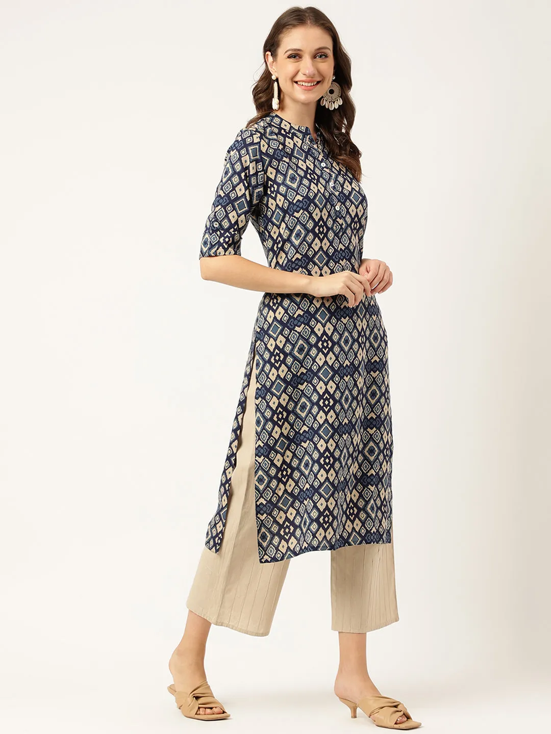 Jashvi Navy Blue Floral Digital Printed Straight Fold Sleeve Kurta