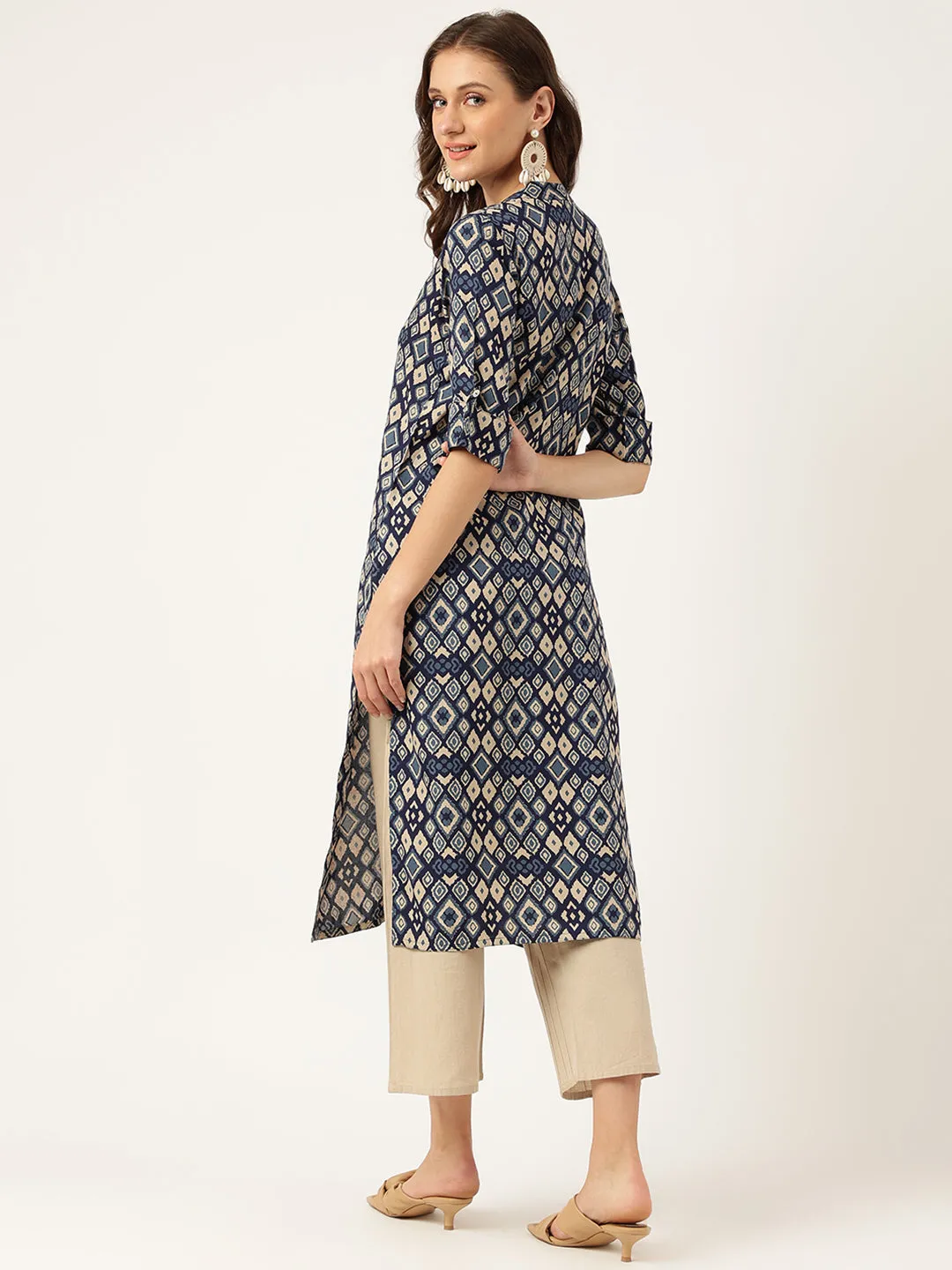 Jashvi Navy Blue Floral Digital Printed Straight Fold Sleeve Kurta