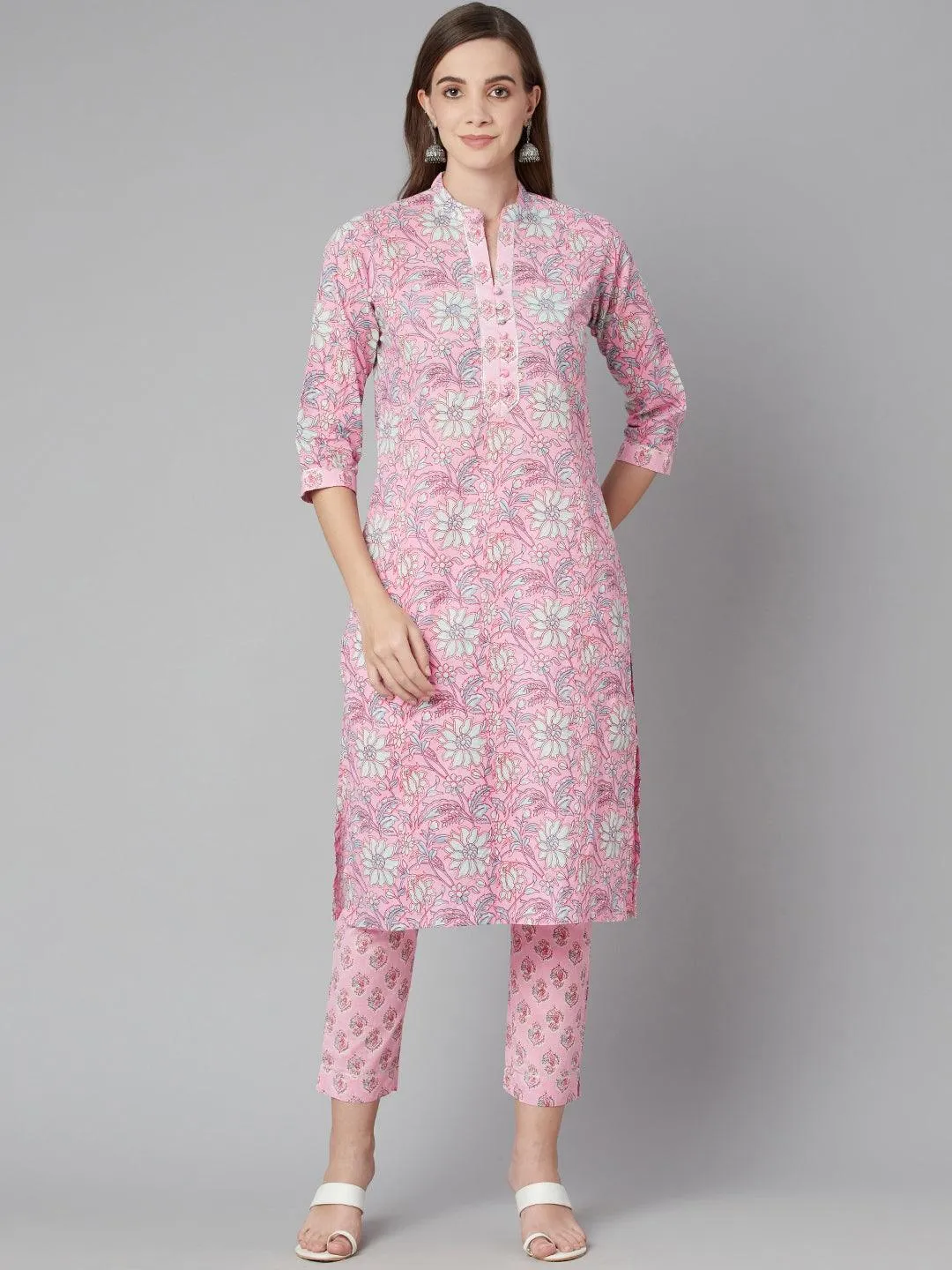 Jashvi Pink floral printed Cotton Kurta Pant set