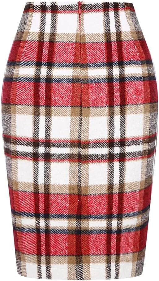 Kinghua Womens Wool Plaid Pencil Skirt Fall Winter High Waisted Slit Bodycon Knee Length Midi Skirt