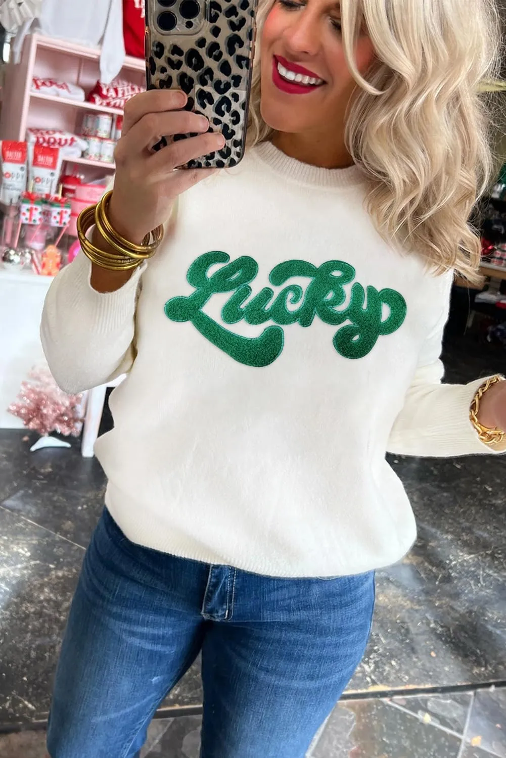 LEMAFER Women 2024 Merry Christmas Round Neck Sequin Letters Sweater Casual Solid Slogan Long Sleeve Pullover Sweatshirt Tops