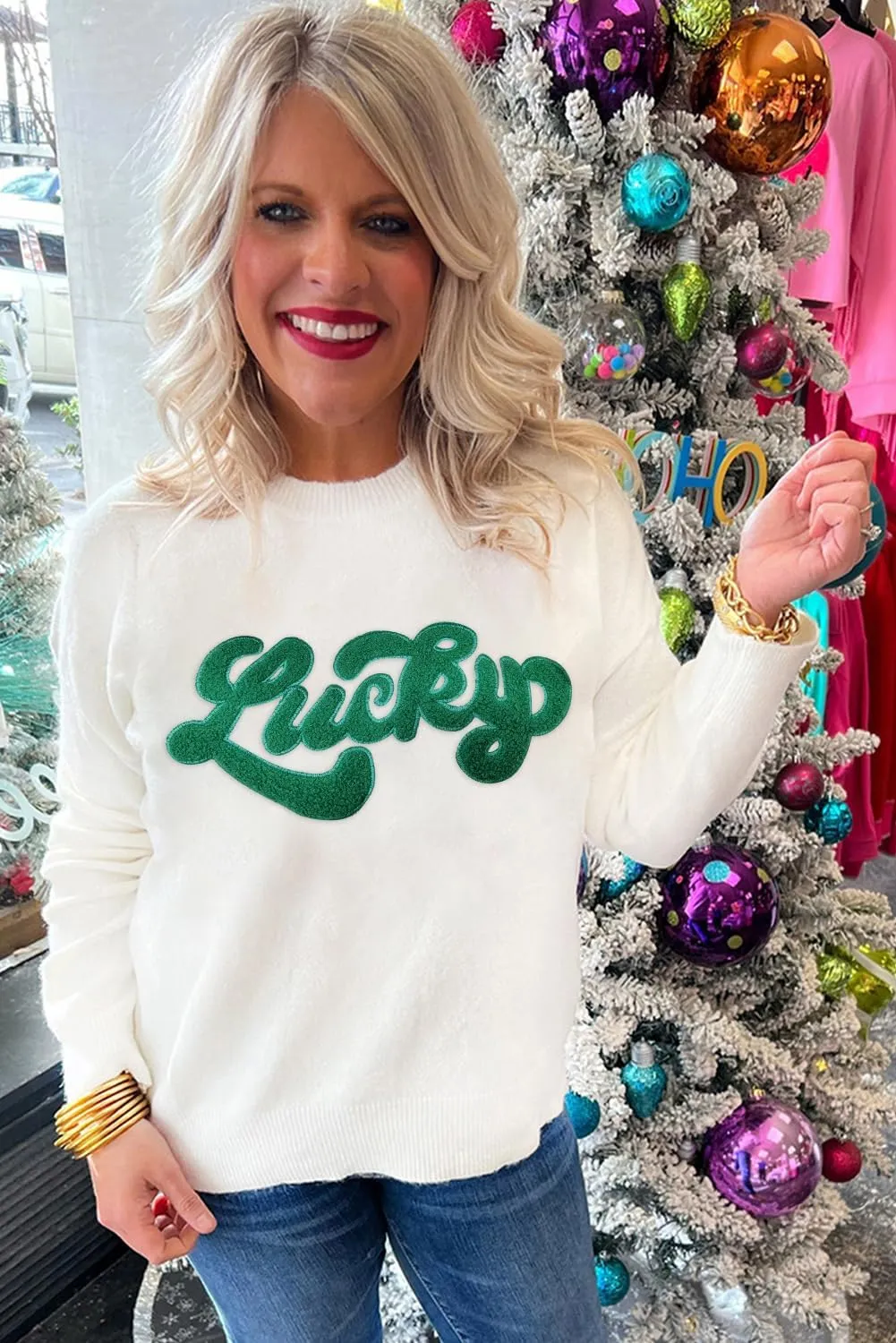 LEMAFER Women 2024 Merry Christmas Round Neck Sequin Letters Sweater Casual Solid Slogan Long Sleeve Pullover Sweatshirt Tops