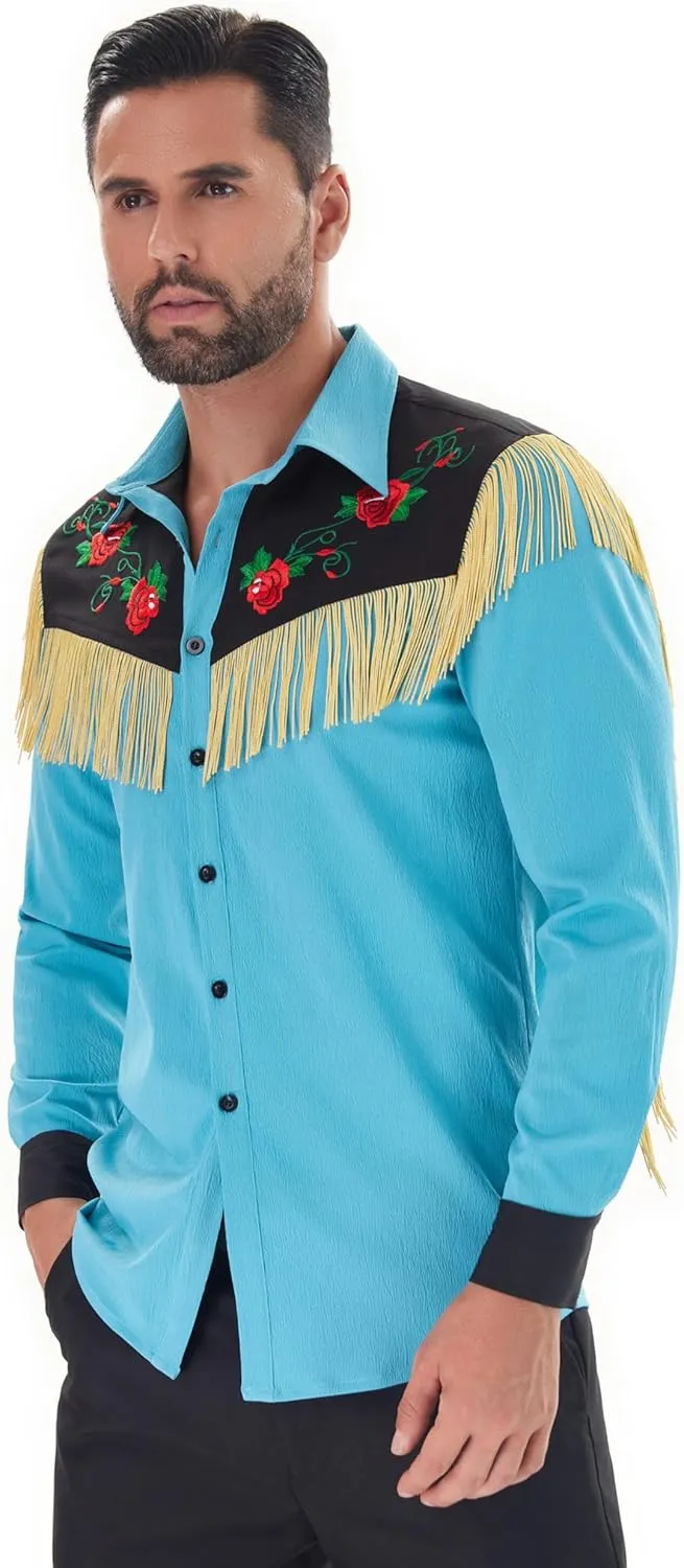 Men's Western Cowboy Fringe Shirts Long Sleeve with Embroidered Rose Button Down Hippie Shirt